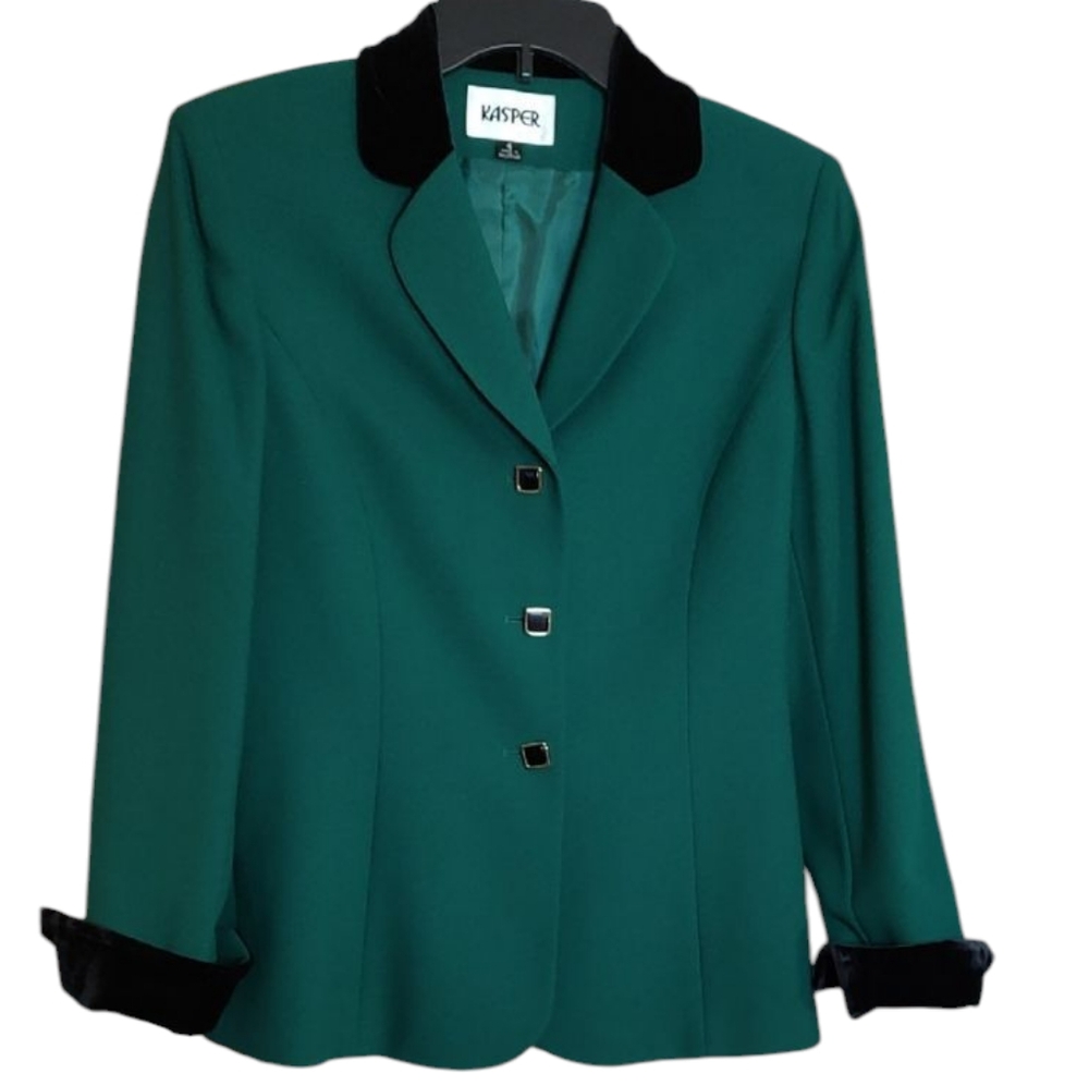 Kasper Green Women's Blazer with Black Velveteen Collar and Cuffs sz 4